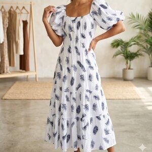 HYFVE Tropical Palm Print Puff Sleeve Tiered Maxi Dress